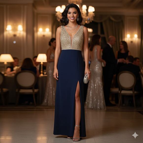Xscape Navy and Cream Beaded Bodice Dress - Picture 1 of 8